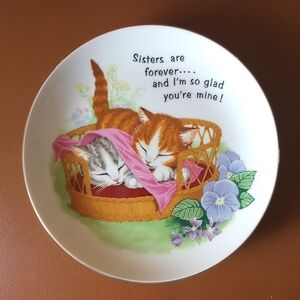 Vintage Porcelain Cat Gift Plate for Sisters! Kittens & Flowers. Gold Edging